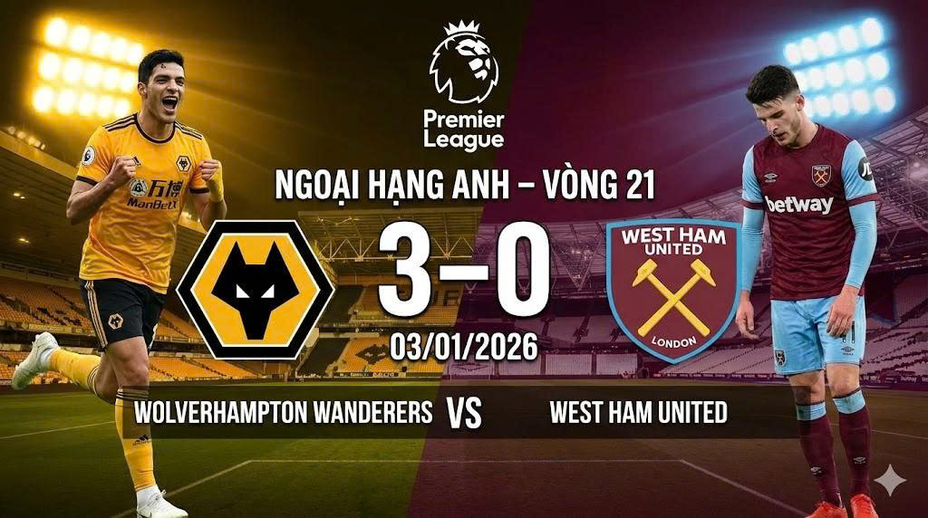 Ngoại hạng Anh – Wolves 3–0 West Ham United