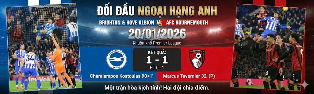 Brighton 1–1 Bournemouth: Bàn gỡ phút bù giờ, thế trận giằng co và bài toán kiểm soát không gian